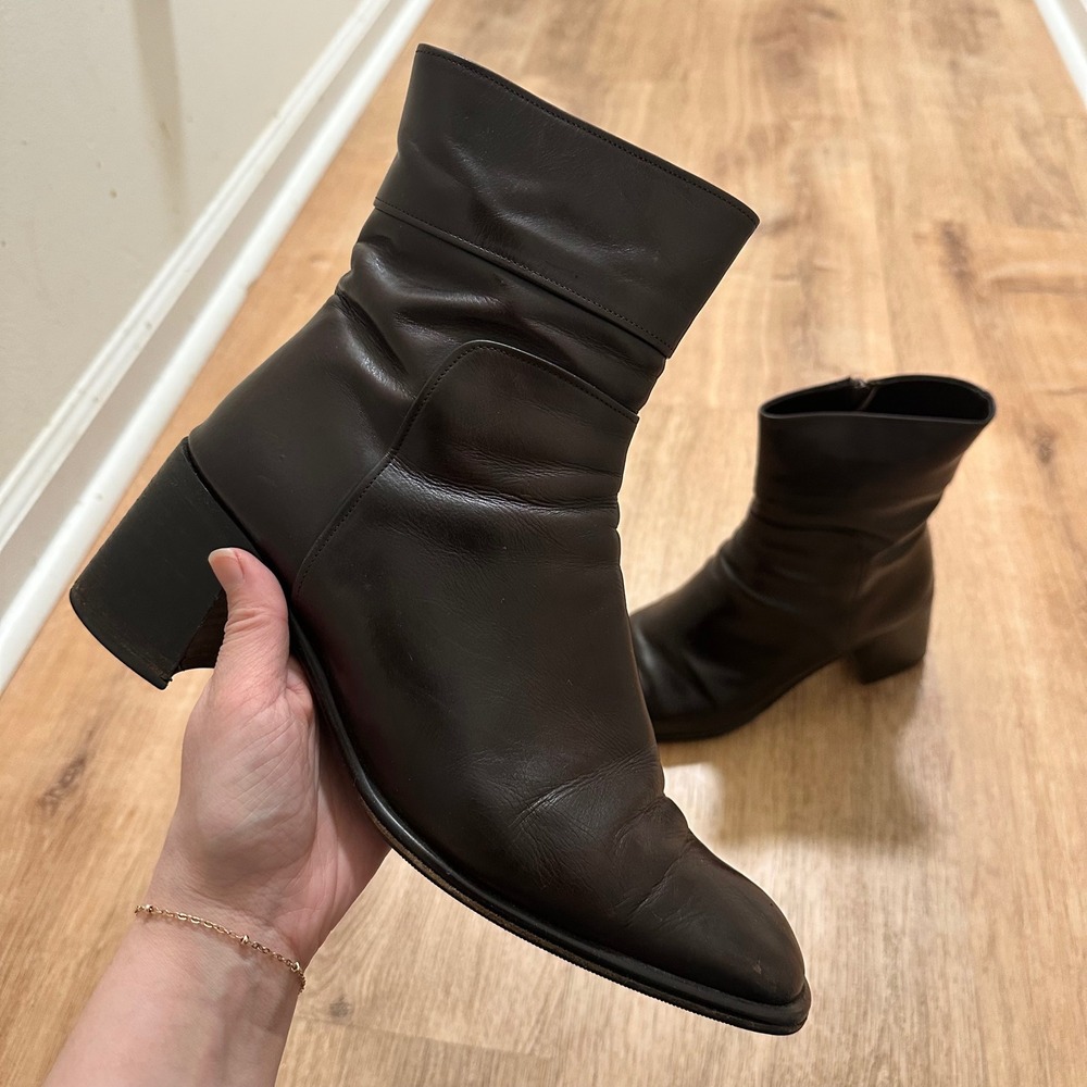 Paloma‎ | VTG Italian Leather Brown Square Toe Block Heel Ankle Boots Shoe, 9.5M